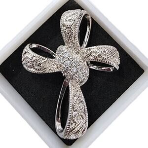 RP 925 Sterling Silver Rhinestone Looped Cross Necklace Slide Pendant, Thailand